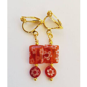 Clip on Earrings Bright Red Millefiori 1 Inch with gold tone clips Handmade